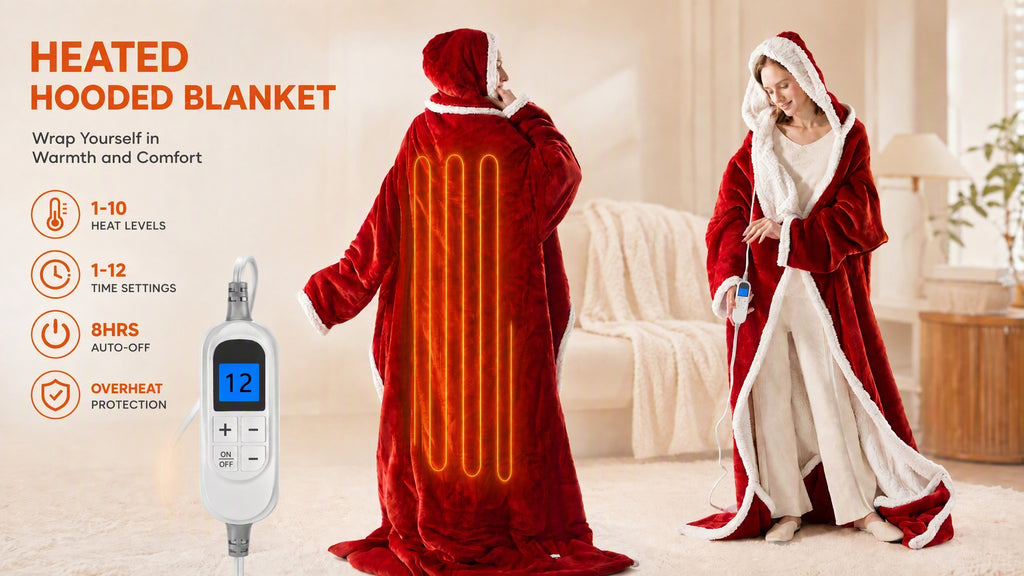 Wearable Heated Blanket Hoodie – 10 Heat Levels, Hood & Sleeves