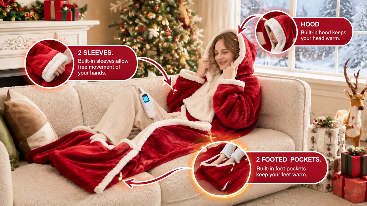 Wearable Heated Blanket Hoodie – 10 Heat Levels, Hood & Sleeves