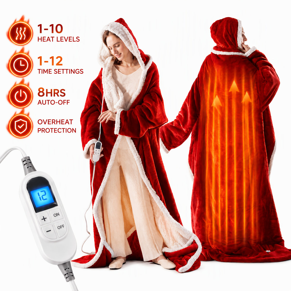 Wearable Heated Blanket Hoodie – 10 Heat Levels, Hood & Sleeves
